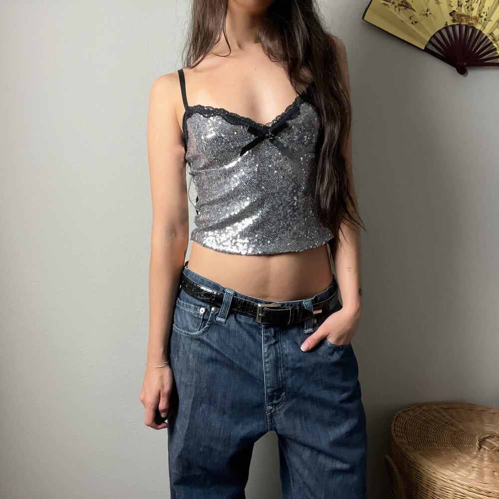 y2k style edikted silver sequin lace trim sweetheart bow cropped cami top